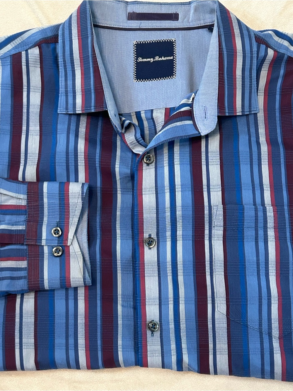 Tommy Bahama Stripe Breaker Shirt Men XL Blue Red Woven Silk Cotton Blend LS